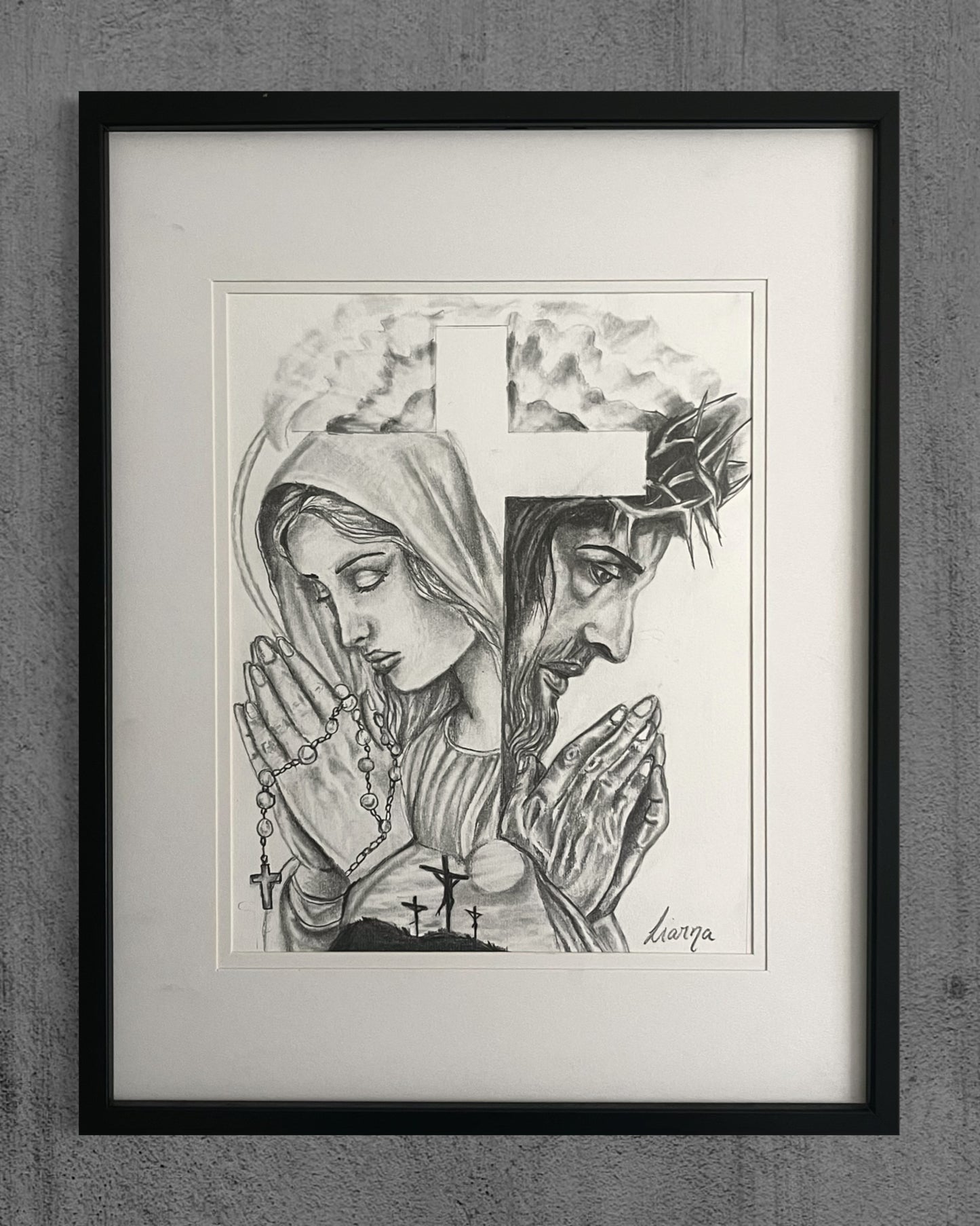 Jesus & Mother Mary framed original drawing