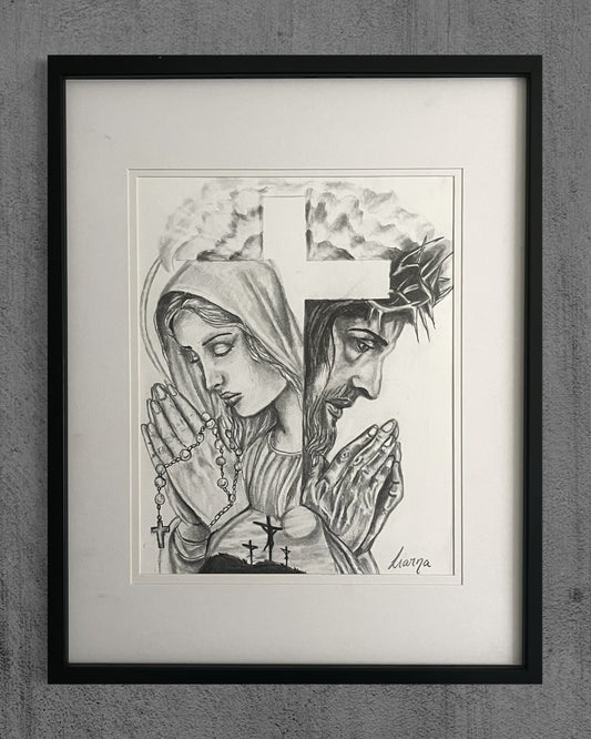 Jesus & Mother Mary framed original drawing