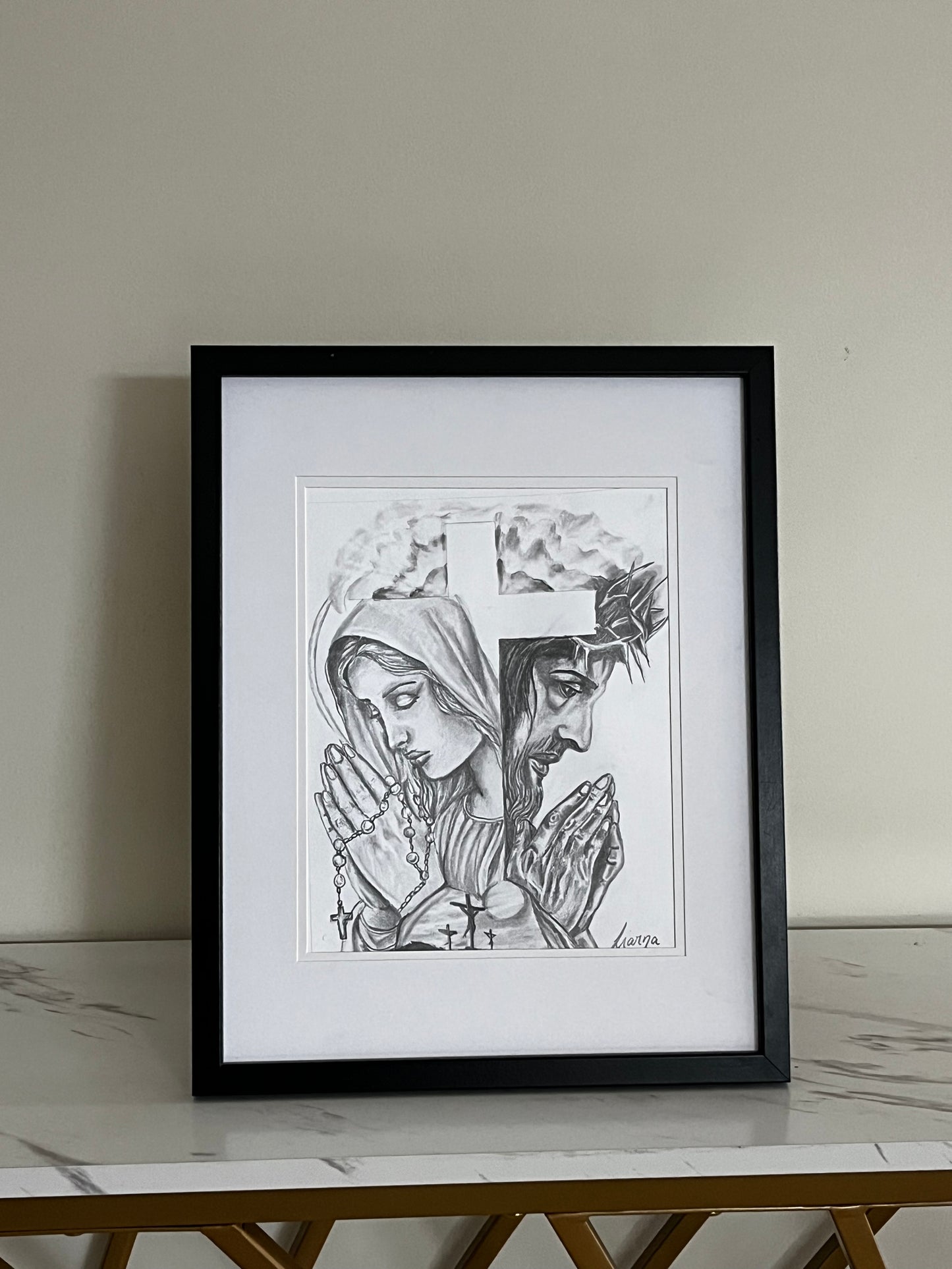 Jesus & Mother Mary framed original drawing