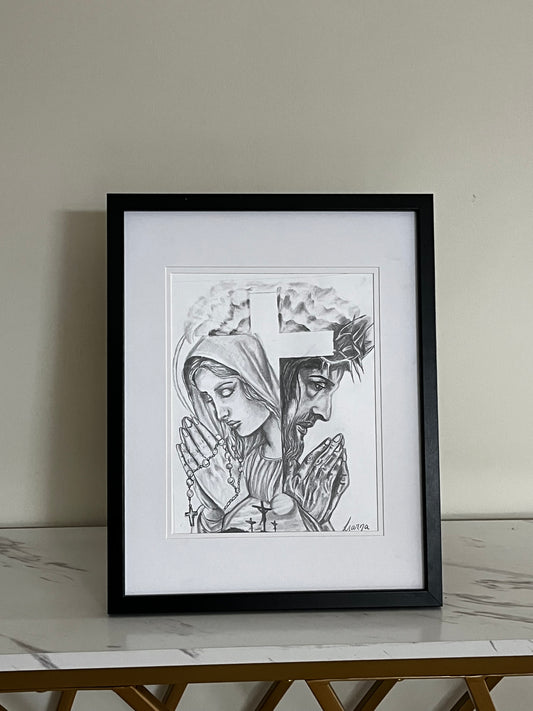 Jesus & Mother Mary framed original drawing
